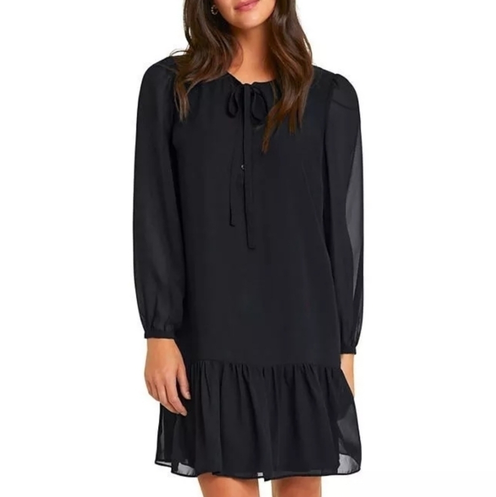Draper James Black Tie Neck Flounce Shift Dress Size Small